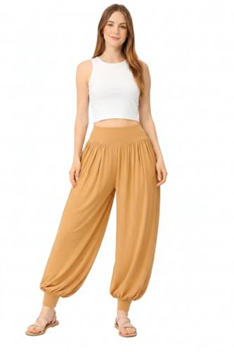 L S U Girls Harem Trousers Stretchy High Waist Baggy Pants Yoga Dance Casual Wear Kids Pilates Pants (Tan 7-8)