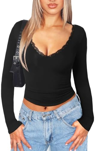 Navneet Women V Neck Long Sleeve Tops Lace Going Out Top Low Cut Basic Tops Sexy Party Top Fall Outfits Black M