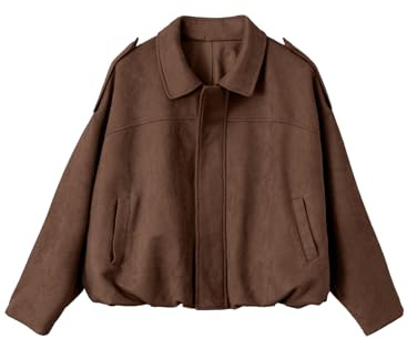 EVALESS Jackets for Women Faux Suede Bomber Jackets Casual Long Sleeve Spring Coats Fashion 2026 Zip Up Cropped Jacket Trendy Outerwear with Pockets Brown Medium