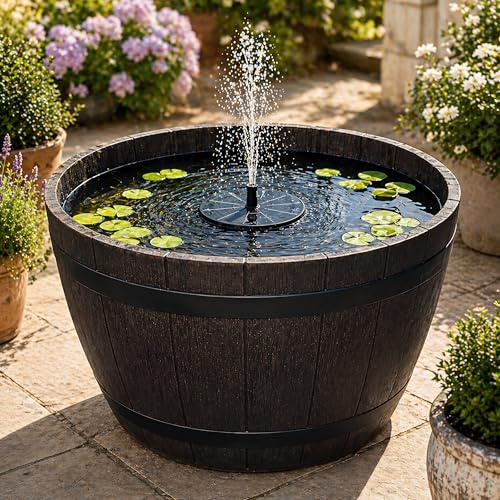 Outdoor Solarbrunnen Set mit Akku - 51 cm Schale Holzfass-Opktik braun mit schwimmender Solarfontäne