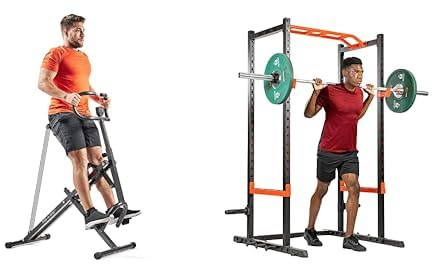 Sunny Health & FitnessUpright Row-N-Ride, Versatile Full-Body Workout Squat Assist Trainer + Power Zone Strength Rack Power Cage - 455 KG Weight Capacity, Spotter Bar, Angled Pull-Up Bar