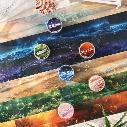6 Rolls Arpaper Scrapbook Stickers Tape PET Washi Tape Sticker Zubehör,Ocean Thema Für DIY Bullet Journals,Fotoalbum,Computer Und Scrapbooking(Oceans Series)