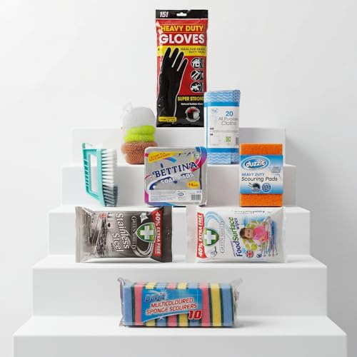 SFS Simplifying Life Complete Kitchen Bathroom Cleaning Bundle with Food Surface Wipes, Stainless Steel Wipes, Heavy-Duty Gloves, Scouring Pads, All-Purpose Cloths, Sponge Scourers and Brushes