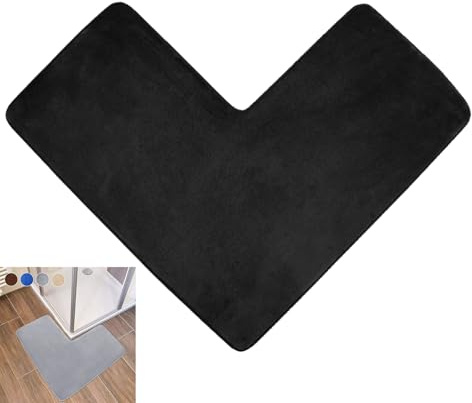 ACESOME L-Shaped Corner Shower Mat, 80x80cm Absorbent Non Slip Bath Mat, Coral Fleece Bathroom Carpet, Supersoft Machine Washable Bath Mat for Corner Showers, Tubs (Black)