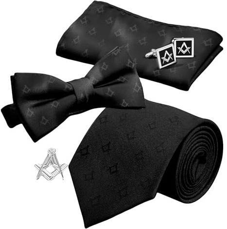 THE MASONIC COLLECTION Juego de caja de regalo cuadrada negra y brújula, incluye corbata de seda, pajarita, pañuelo, gemelos y pin de solapa, ropa formal masón y regalo personalizado para hombres