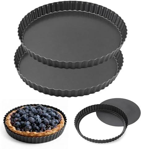 2Pcs Deep Quiche Tins with Loose Base, 24cm & 22cm Non-Stick Carbon Steel Fluted Tart Tins, Removable Bottom Pie Dish for Baking, Includes Oil Brush and Dish Cloth, Perfect for Quiches, Pies & Tarts