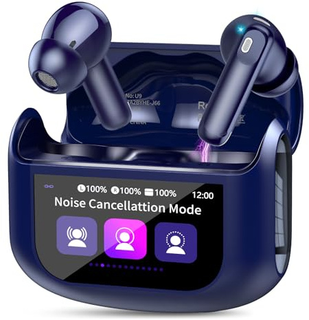 QXUFV Bluetooth Kopfhörer mit Touchscreen, In Ear Kopfhörer Kabellos Bluetooth 5.4 mit ANC/ENC Noise Cancelling Mic, 48Std Tiefer Bass Earbuds mit 5 EQ-Modi, USB-C, IP7 Wasserdicht Ohrhörer, Blau