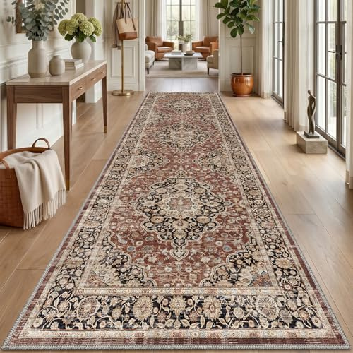 DEXI Passatoia Corridoio 80 x 300 cm, Tappeto Cucina Antiscivolo Lavabile, Tappetino Morbido Vintage di Pelo Corto e Lungo - Assorbente per Porta, Ingresso Interno e Lavanderia, Rosso Ruggine