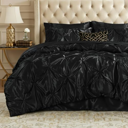 BEDELITE Satin Comforter Set Queen Size, 7 Pieces Pintuck Bed in A Bag with Comforter, Flat Sheet, Fitted Sheet, Pillowcases, Shams, Soft Cozy Similar to Silk Bed Set for All Seasons (Black)