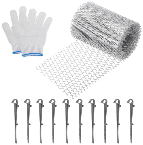 sourcing map Aluminum Gutter Guard Mesh Roll, 15cm x 6.1m / 5.9inch x 20ft Gutter Guard, Thickened Mesh Guards Leaf Protector with Gloves and Gray Clips from Leaves, Twigs, Branches, Debris