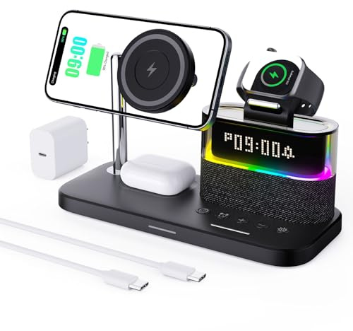 5-in-1-Kabellader mit Wecker, kabellose LadeStation mit Nachttischlampe kompatibel mit iPhone 17 16 15 14 13 12 Pro Max, kompatibel mit Apple Watch und kabelladen-fähige Earbuds, 33W-Adapte