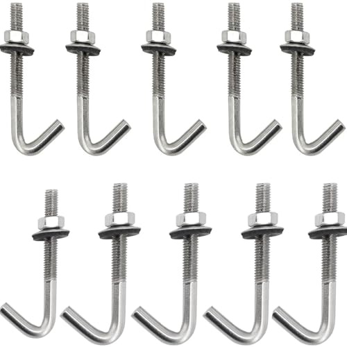 10 tornillos de gancho en J M6 x 80 mm, pernos de anclaje de techo de acero inoxidable 304 con arandela de tuerca hexagonal, ganchos de pared resistentes para hormigón, madera y aplicaciones al aire