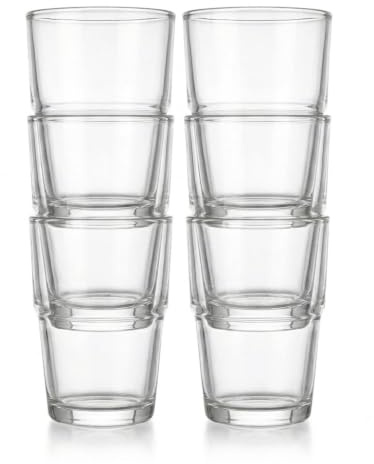 Set 6 Bicchieri in Vetro Trasparente liscio 270 ml Tumbler Alti Impilabili Salvaspazio Professionali da Bar e Tavola, Misure 7.5 x 7.5 x H10.5 cm Ideali per Bibite e Cocktail