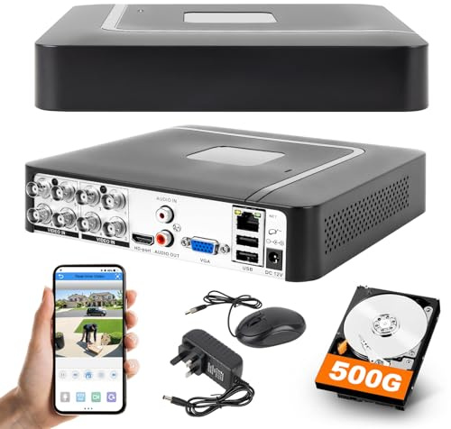 DVR di sorveglianza CCTV a 8 canali con HDD 500G, 4 Ch 5MP H.265+ DVR Sistemi di Videoregistratore per telecamere analogiche/XVI/CVBS/AHD/TVI/IP, DVR per telecamera di sicurezza casa, APP mobile e