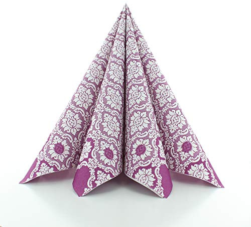 Sovie HORECA Airlaid Serviette MANDY in AUBERGINE/LILA – 40 x 40 cm, 1/4 Falz, 50 Stück – Ornament-Blütendesign – elegante Stoffoptik für Gastronomie & Events