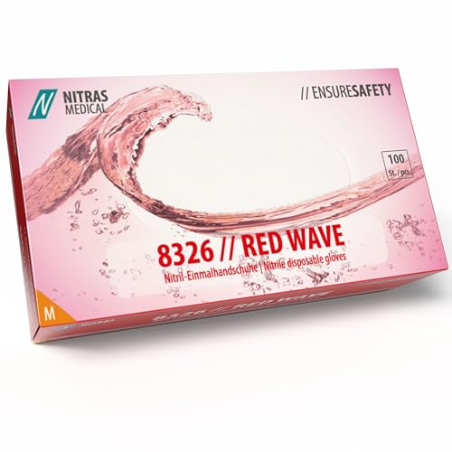 Nitras 8326 Red Wave, guanti monouso in nitrile senza polvere, non sterili, per uso alimentare, colore rosso, 100 pezzi in confezione dispenser (M)
