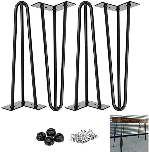 Lot de 4 pieds en épingle à cheveux en acier noir de 40,6 cm, style industriel moderne du milieu du siècle, 3 tiges, lot de 4, pieds de table basse en métal robuste, pieds de meubles pour projet de