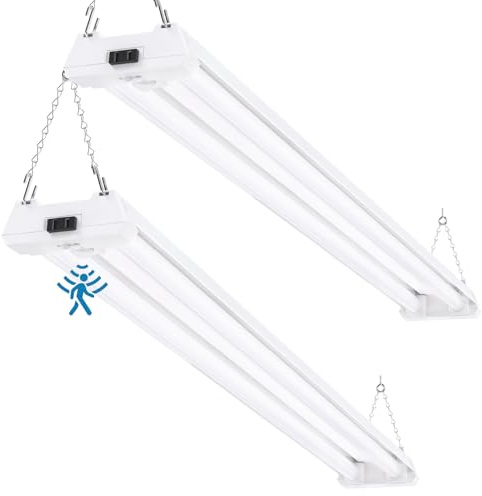 Sunco Motion Sensor 4ft LED Shop Light, Garage Lights Ceiling LED Plug-in Fixtures, 40W, 5000K Daylight, 4300 Lumens, Frosted, Motion Activated, Linkable Suspension Mount, ETL 2 Pack.