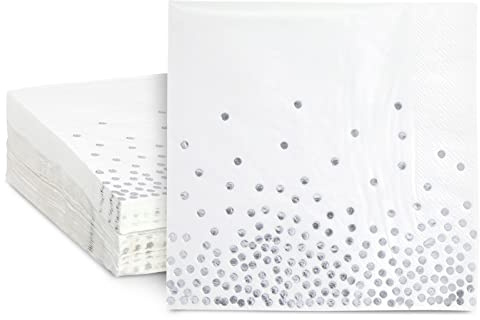 Juvale Papierservietten Gepunktet (Set, 50 Stück) – 2-Lagig - Einweg-Papierservietten, Partyzubehör - Silberfolie, 16,5 x 16,5 cm