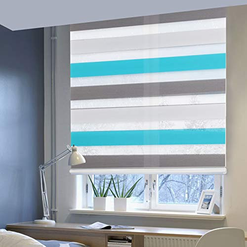 Laneetal Doppelrollo ohne Bohren Klemmfix, Duo Rollo Seitenzugrollo mit Klämmträgern, Sicht und Sonnenschutz für Fenster Tür Wand, lichtdurchlässig u. Verdunkelnd (Weiß+Grau+Türkis, 75 x 150 cm)