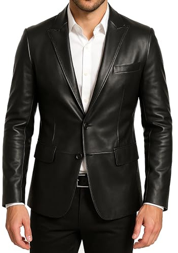 e Genius Giacca da uomo in vera pelle nera, classica ed elegante, in morbida pelle, Blazer in Pelle Nera, XS
