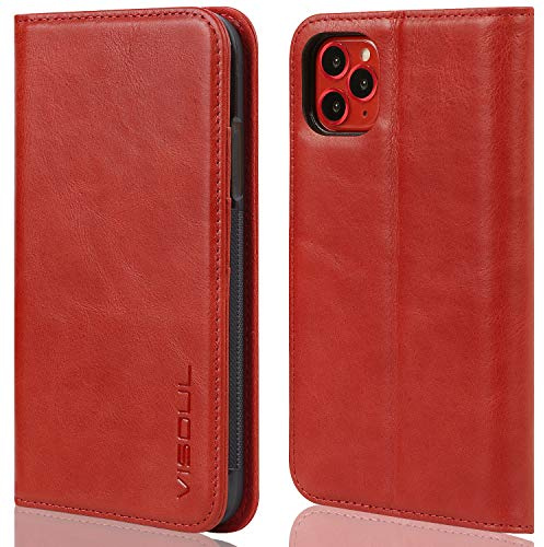 VISOUL iPhone 11 Pro Hülle, Stoßfeste Handyhülle [100% Rindsleder] [RFID Blocker] [Auto Sleep/Wake], TPU Schutzhülle [Kartenfach] [Magnet] [Stand] Lederhülle Kompatibel für iPhone 11 Pro 5,8 Rot