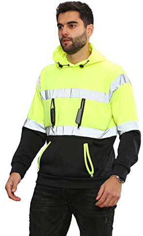 Parsa Fashions Hi Vis 4 & 5 Zips Hoodie High Visibility Reflective Tape Band Work Fleece Safety Hooded Top Phone & ID Pockets Pullover Hood SweatShirts Jacket Warm Security Plus Sizes Small - 3XL