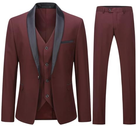 YOUTHUP Herrkostymer smal passform 3-delad kostym sjal slag bröllopsmiddag smoking 1 knapp blazer byxor väst, Red Wine, M