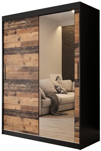 KRYSPOL Schiebetürenschrank Old Style T2 150 cm Kleiderschrank mit Spiegel Einlegeboden Schlafzimmer- Wohnzimmerschrank Schiebetüren Modern Design (Schubladen: 2)