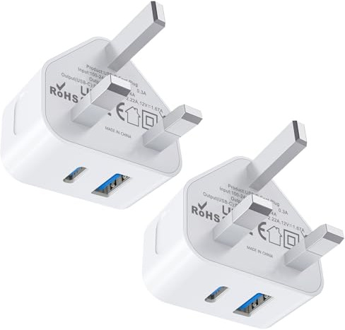 USB C Plug UK Fast Charge 2Pack 25W Apple iPhone 17 16 15 USBC Charger Plugs Adaptor UK with Type C and USB A Port Charging for i Phone 17 Pro Max Air 16e/14/13/12/11 Series/SE/iPad A16 11th/Watch