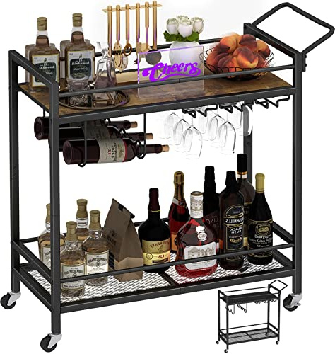 LAATOOREE Home Bar Serving Cart, Mobile Drink Beverage Cart with Two-Color Top Shelf, Rolling Kitchen Cart with Wine Holder and Glass Holder, for Dinning Room, Living Room, Kitchen