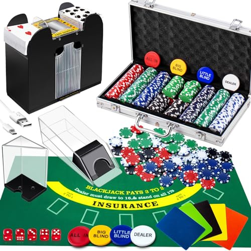 Aoriher Blackjack Casino Game Set, Include 300 Poker Chips, Casino Felt 1 Automatic Card Shuffler 6 Deck Dealer Shoe Discard Holder Tray Aluminum Case for Texas Holdem Blackjack Poker(Green)