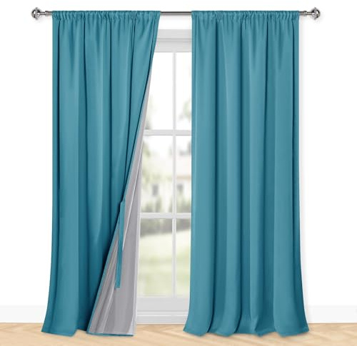 XWZO 100% Blickdichte Vorhänge Wohnzimmer, Vorhänge mit Kräuselband, Gardinen Schlafzimmer, Doppellagige Dicke Verdunklungsvorhänge Thermovorhang Kälteschutz, 260x140 cm(HxB) Tealblau 2er Set
