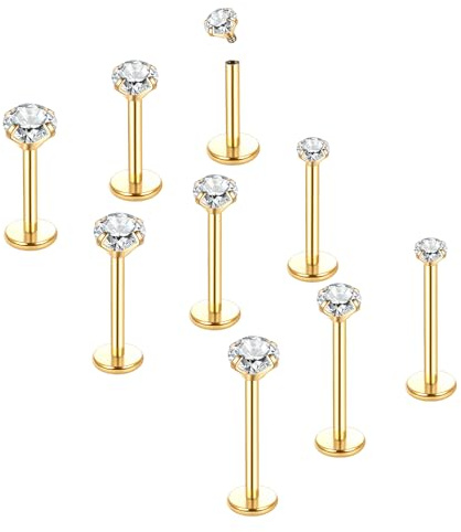 Aumeo 18G 16G Labret Jewelry Flat Back Nose Lip Rings Studs Stainless Steel Tragus Forward Helix Medusa Ashley Lip Monroe Labret Piercing Jewelry for Women (Gold-16G Crystal top)