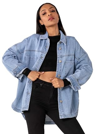 Nina Carter S539 Damen Oversized Jeanshemd Leichte Jeansjacke Übergangsjacke Hemdjacken mit Waschungseffekt Used Look Casual (Hellblau (S539), M)