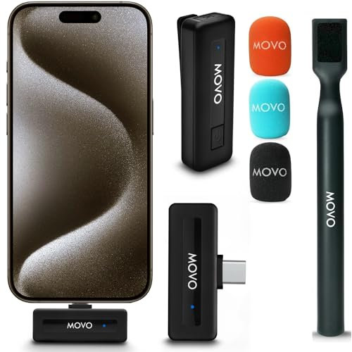 Movo Micrófono inalámbrico Mini UC ultra compacto para iPhone 15 con adaptador de mano WMX-HM, micrófono de solapa con soporte de mango para creadores de contenido, entrevistas, informes y más