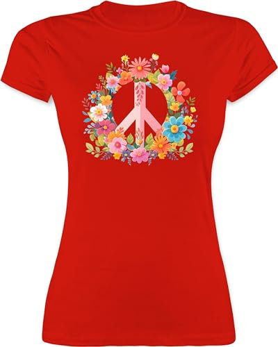 Shirt Damen - Statement - Peace Zeichen I Peacezeichen I Frieden I Hippie Flower Power I 60er I 70er Flowerpower - M - Rot - Statements Tshirt sprüche t-Shirt t-Shirt, t-Shirts Shirts Oberteil