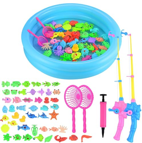 LUFEIS Angeln Spielzeug 52PCS Angelspiel für Kinder Wasser,Magnet Angelspiel für Kinder ab 3 Jahre,Baby Badespielzeug Wasserspielzeug mit Angeln und Aufblasbarer FischteichAngeln Geschenk für Kinders
