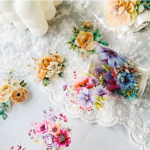 Arpaper Washi Tape Set，3 Rolls Blumen PET Wide Washi Tapes Transparent Sticker für Scrapbooking， Journaling，Bullet Journals, Planner，Mobile phones, photo albums DIY（Blumenmeer 1）