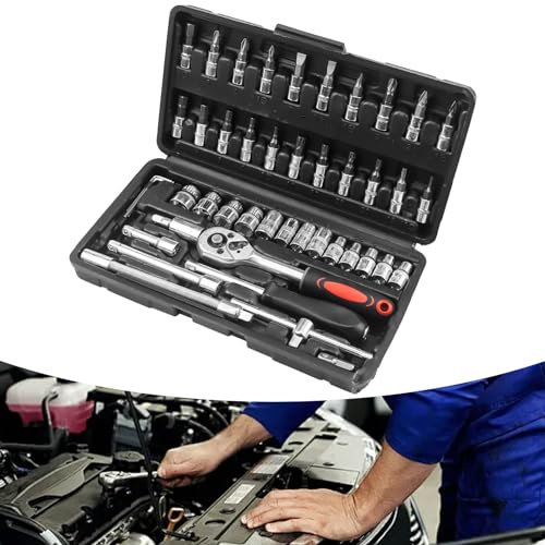 Raxfekro 46 Stück Ratschenkasten, Steckschlüsselsatz, Nusskasten mit Ratsche, Verchromter Ratsche-Reparatur-Werkzeugkasten für Hausreparaturen und Andere Allgemeine Reparaturen