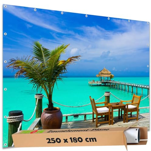 TRIOSK Sichtschutz Garten Deko Zaun Plane Blickdicht groß mit Zaunblende Motiv Karibik Strandbar Beach Meerblick für Zaunelement Doppelstabmatten Stabmattenzaun Gartenzaun PVC 250x180 cm