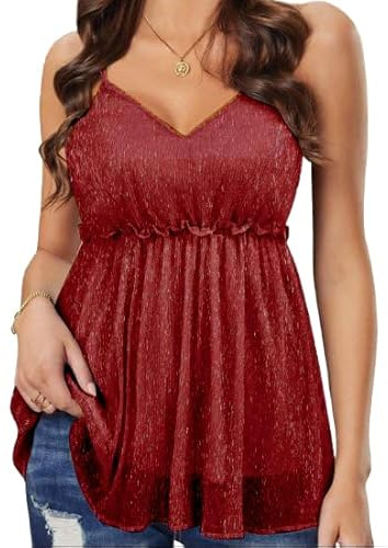 WIEIYM Damen Glitzer Oberteil Sexy V-Ausschnitt Ärmellose Verstellbare Trägertop Tank Tops Rüschen Gestufter Saum Shirt Cocktail Vest Festliche Pailletten Party Rave Outfit Bluse,Rot Hochrot,L