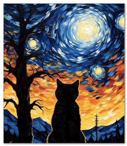 Wallario Herdabdeckplatte/Spritzschutz aus Glas, 52 x 60 cm, 1-teilig mit 8 mm hohen Füßen, für Ceran- und Induktionsherde, Katze im Sternenlicht