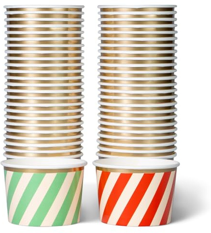 Paper Ice Cream Cups, 50-Count 250ml Disposable Dessert Bowls for Hot or Cold Food, 250ml Christmas Party Supplies Treat Cups, Red and Green Diagonal Stripes, Gold Foil