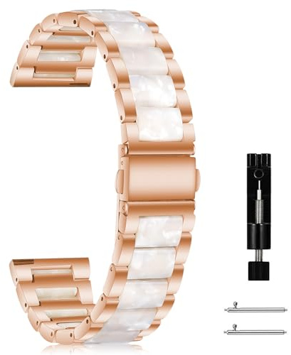 MaEiol 20mm Armband für Samsung Galaxy Watch FE 40mm / Samsung Galaxy Watch 7/6/5/4 40mm 44mm / 6 Classic 43mm 47mm, Harz Armband Resin Edelstahl Metall Armbänder für Herren Damen - Roségold+Rosa