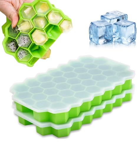 2 Pcs Green Ice Cube Molds 37 Hexagonal for Freezer Ice Cube Tray with Lid, Silicone Ice Cube Moulds, Small Ice Cube Trays, Each Makes Ice Cubes Silicone for Chilled Drinks, Whiskey, Cocktail