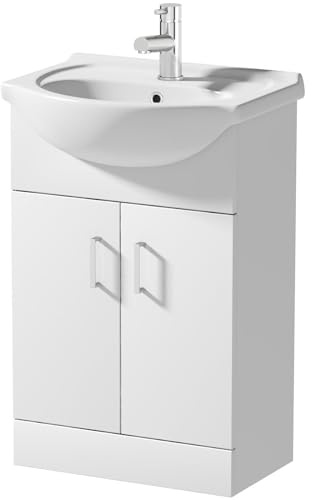 BAYSTONE® 560mm Vanity Unit Basin Sink Bathroom Storage Cabinet Cupboard Freestanding, Single Tap Hole Ceramic Wash Basins, Soft Close Doors, White Gloss