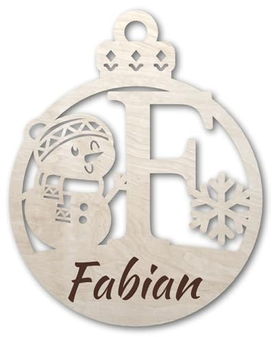 Urhome Weihnachtskugel personalisiert mit Wunschtext Gravur Buchstabe F mit Schneeman Motiv Hell Braun - Ornament Christbaumschmuck Weihnachtsdeko Weihnachtsbaum Anhänger aus 6,5mm Holz