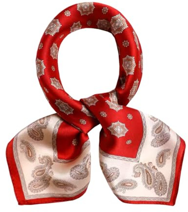 ANDANTINO 100% Pure Mulberry Silk Small Square Scarves -21'' x 21''- Digital Printed Neckerchief –Women Men Lightweight Scarf(02 Paisley&Stars-Red)