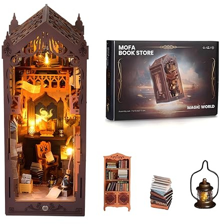 shrike Book Nook, DIY Magical World Book Nook Kit & Dollhouse Craft Kits | Erwachsene DIY Miniature House mit Licht, 3D Puzzle Buchstützen aus Holz, Kreative Geschenkdekoration für Erwachsene ab 14+